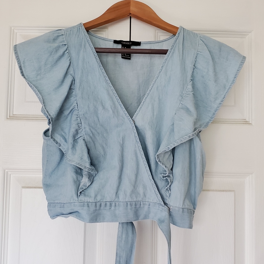 Chambray ruffle self tie wrap crop top